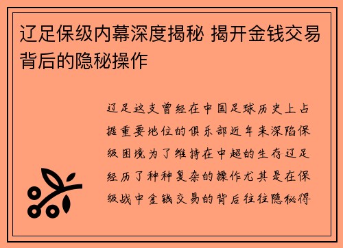 辽足保级内幕深度揭秘 揭开金钱交易背后的隐秘操作