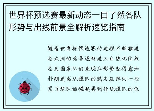 世界杯预选赛最新动态一目了然各队形势与出线前景全解析速览指南